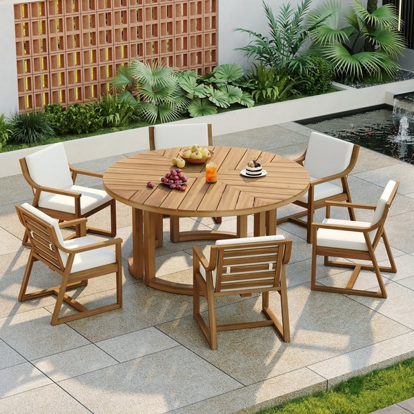 patio dining set, outdoor table chairs, teak patio set, garden dining table, round patio furniture, lifestyle, outdoor, calm, fresh, neutral, brown, green